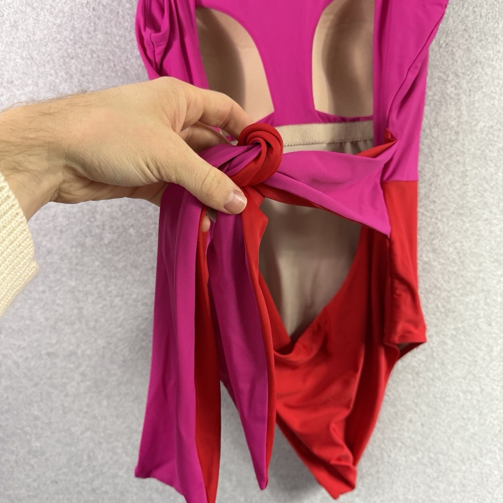 SummerSalt Color Block Lava Hibiscus Swimsuit Barbie High Neck Tie Pink Red 14 - Picture 5 of 7